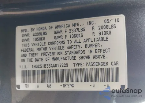 2010 Honda Accord 2.4 Lx-S z USA, uszkodzony, nr VIN 1HGCS1B33AA017229